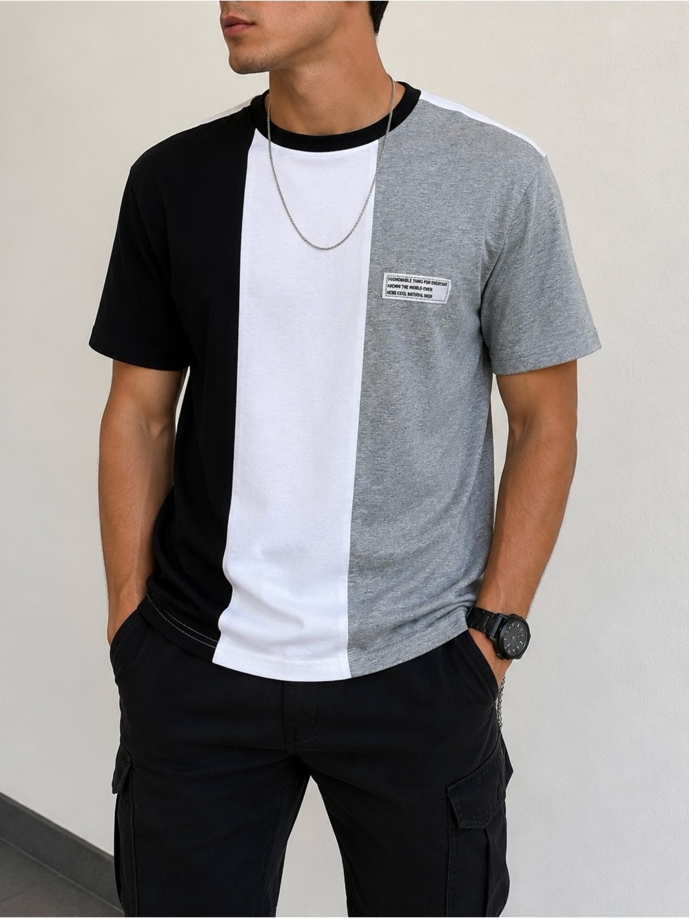 🤍 SHEIN Black White Gray Colorblock Tee Men’s Large Casual Streetwear Top